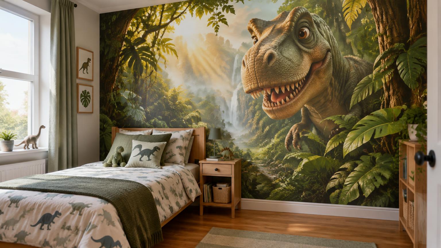 Kids bedroom with jungle dinosaur mural after installation